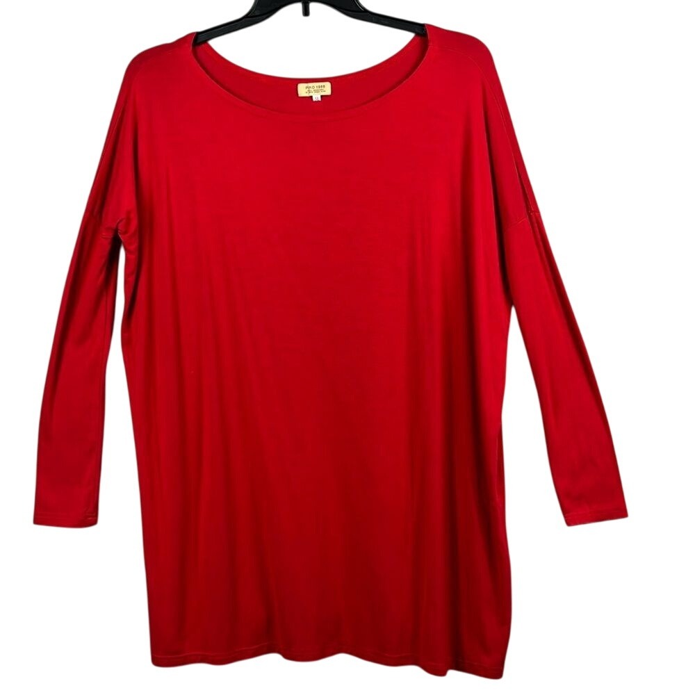 Piko 1988 Long Fittedf Sleeve Bamboo Blend Tunic Blouse Womens Size Medium Red